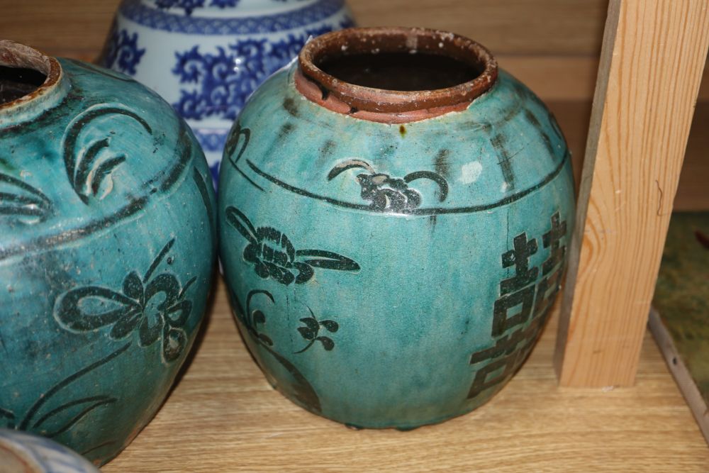 Two Chinese Provincial-style bulbous turquoise-glazed incised ginger jars and three other items,